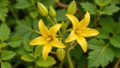 yellow tomato flowers bloom fully, star shaped with prominent centers. they hang delicately from short stems