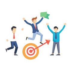 Successful team celebrating achievement landing target arrow with business colleagues on white background