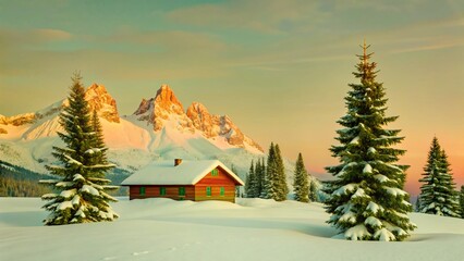 Fototapeta premium Majestic Snowy Winter Mountain Landscape with Pine Trees - Stock Photo