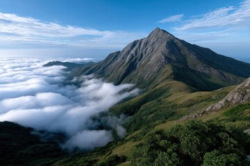 A stunning view of a sharp mountain peak rising above a sea of clouds, showcasing natural beauty and tranquility in the midst of a clear blue sky, ideal for nature lovers.
