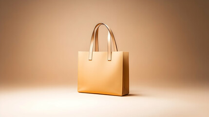 A stylish, golden tote bag stands on a beige background.  Its design is simple and elegant, showcasing a sophisticated aesthetic