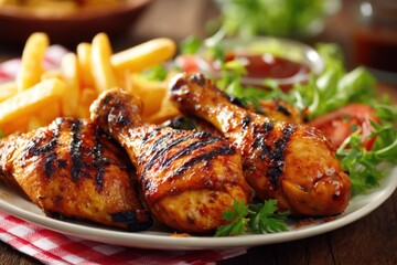 Fototapeta premium Grilled chicken legs with french fries and salad