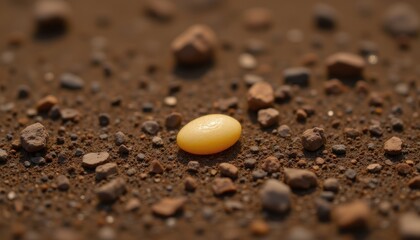 a single strawberry seed rests on rich moist soil, small and golden in color. the surface is textured with tiny pebbles