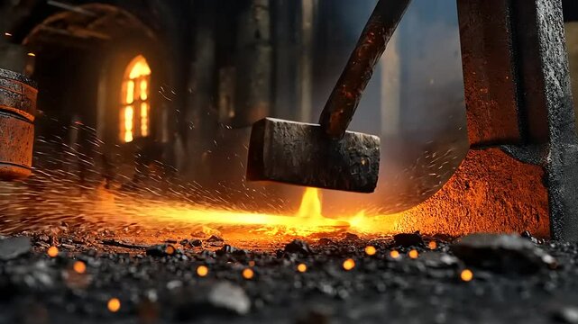 Forging Steel: A Cinematic Blacksmith Workshop with Fiery Sparks and Intense Heat