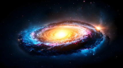 Fototapeta premium A vibrant spiral galaxy, swirling with blue, pink, and yellow hues, set against a dark, starry backdrop