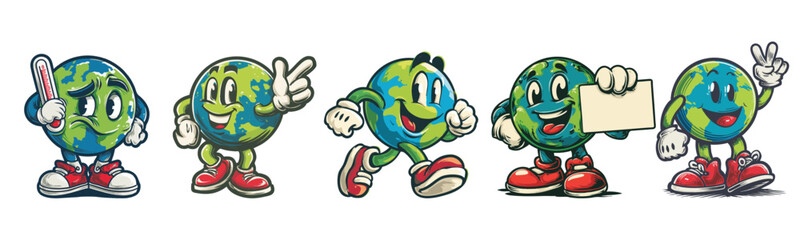 Obraz premium vintage retro style planet earth cartoon mascot character with expressive faces and gestures