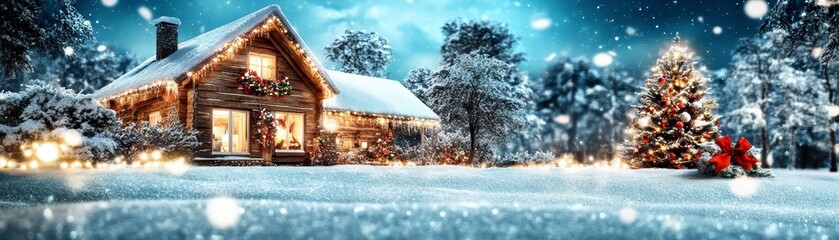 Fototapeta premium Cozy Christmas Cabin in a Snowy Winter Wonderland.