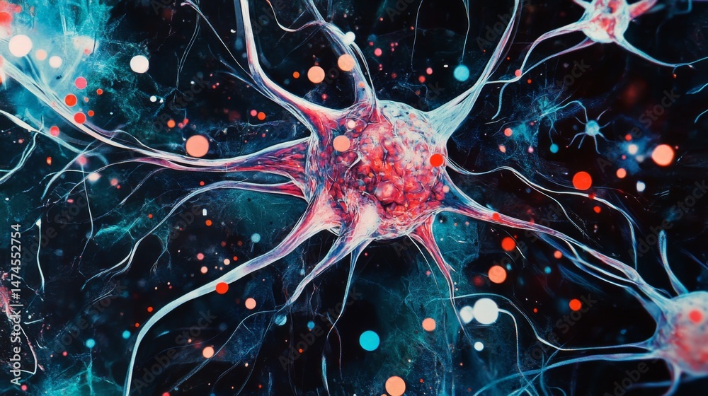 Poster microscopic action of neurons science lab digital art abstract universe close-up view neural network