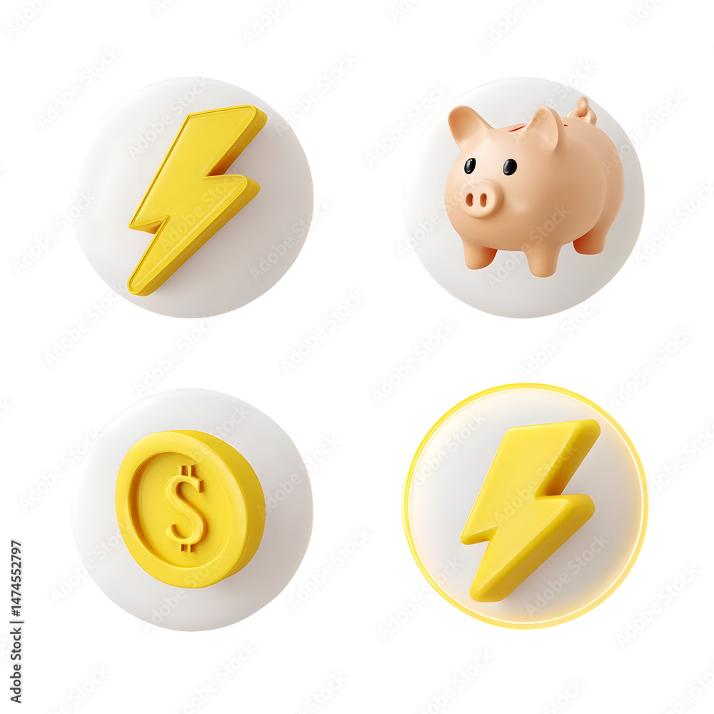 Aufkleber a set of 3d icons in a minimalist style featuring a lightning bolt coin and piggy bank to symbolize 