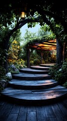 Enchanting Wooden Staircase in a Mystical Forest at Dusk.