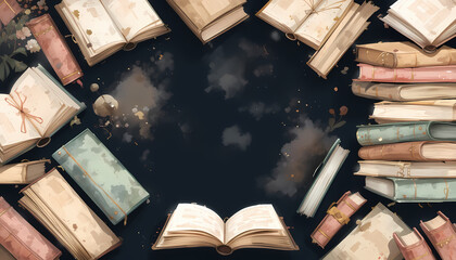 Artistic Watercolor Books Arrangement on Dark Background, Ideal for Education and Literary Themes