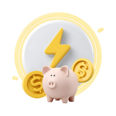 A minimalist conceptual depicting the synergy between saving energy and managing finances through the use of a piggy bank and electric bolt icons
