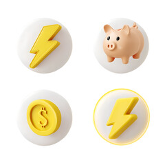 A set of 3D icons in a minimalist style featuring a lightning bolt coin and piggy bank to symbolize energy conservation savings and financial management