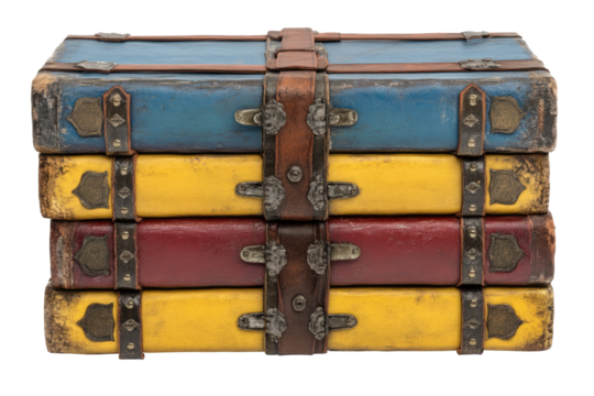 Stacked antique books in blue, yellow, and red leather bindings, secured with straps and metal clasps