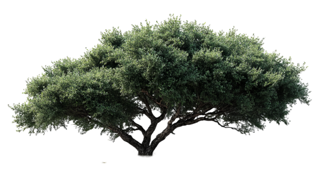 Lush green tree with sprawling branches on transparent background