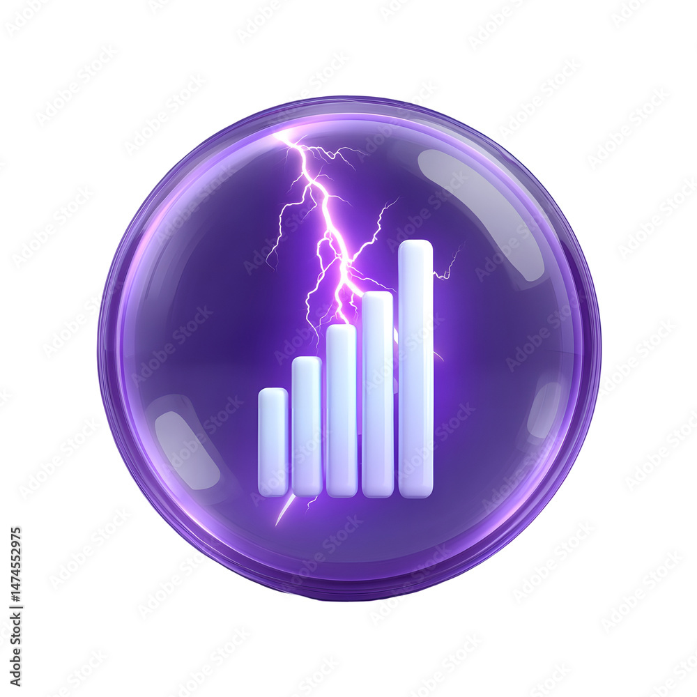 Poster a futuristic and minimalist 3d icon featuring a glowing white energy bar chart with lightning bolts 