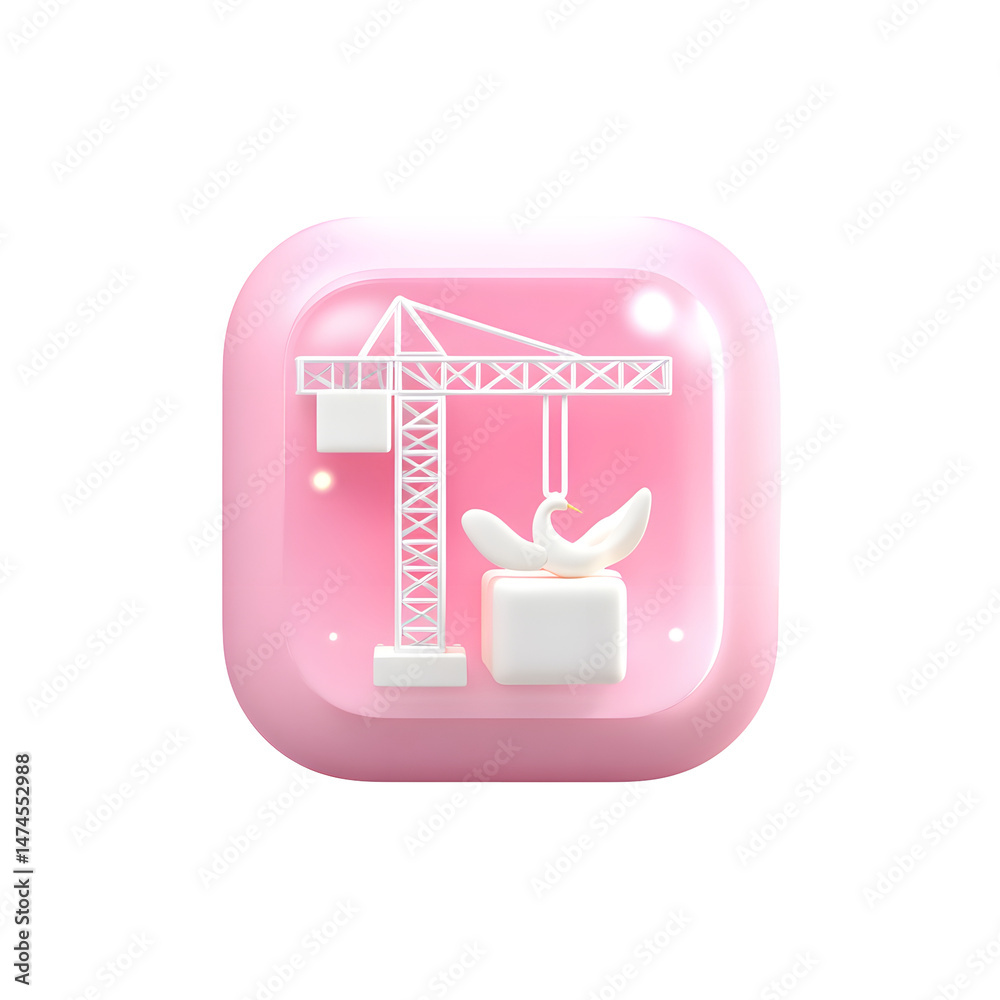 Aufkleber minimalist 3d icon depicting a pastel pink crane lifting a white block against a simple white backgr