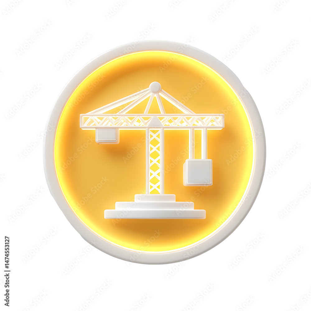 Poster sleek and modern 3d icon featuring a glowing white crane construction element on a vibrant yellow ci