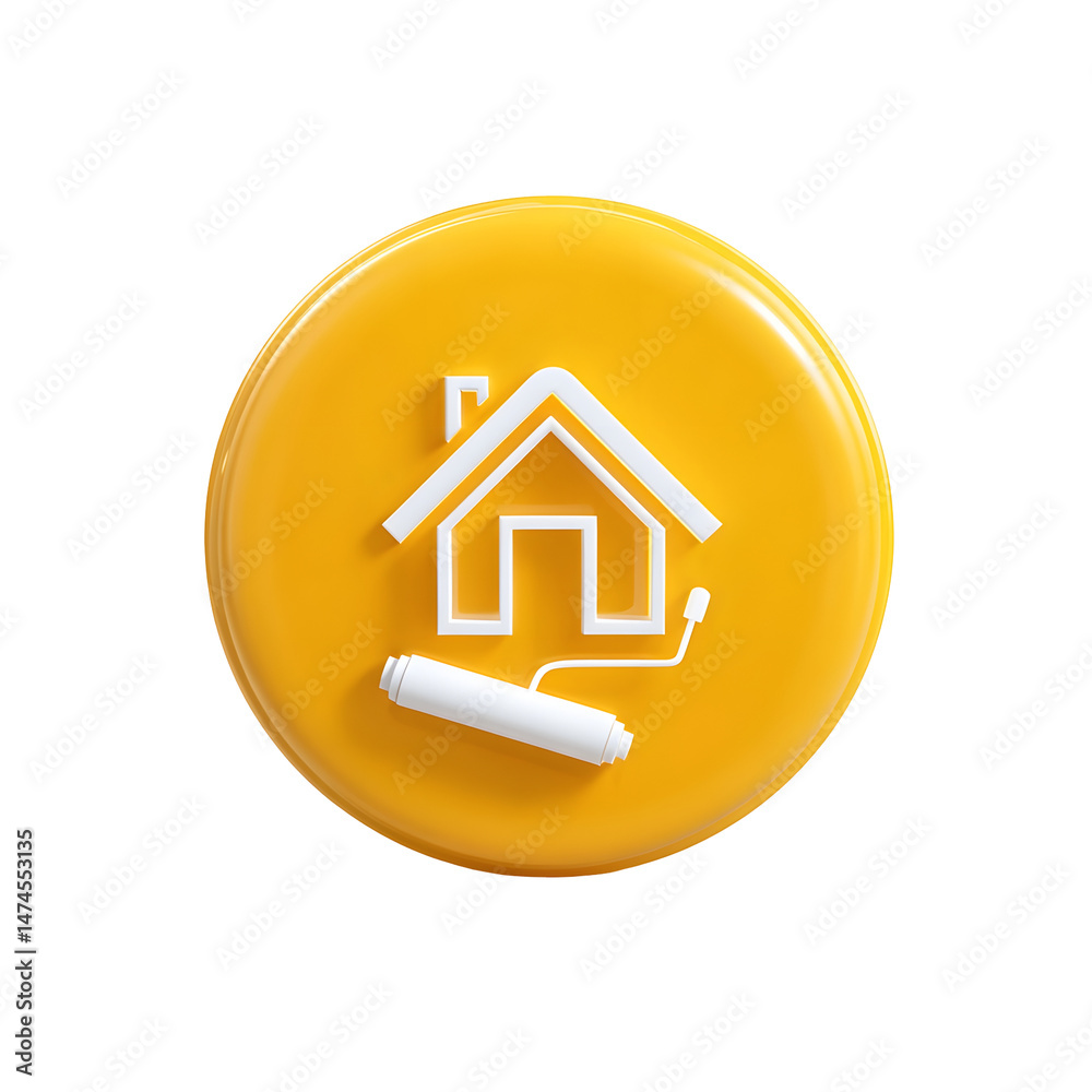 Aufkleber 3d circular icon with a white house and paint roller symbol floating on a bright yellow background