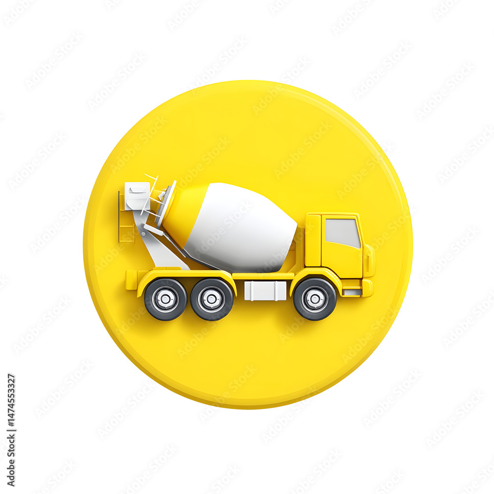 Poster minimalist 3d circular icon of a yellow cement mixer truck isolated on a white background with a cle