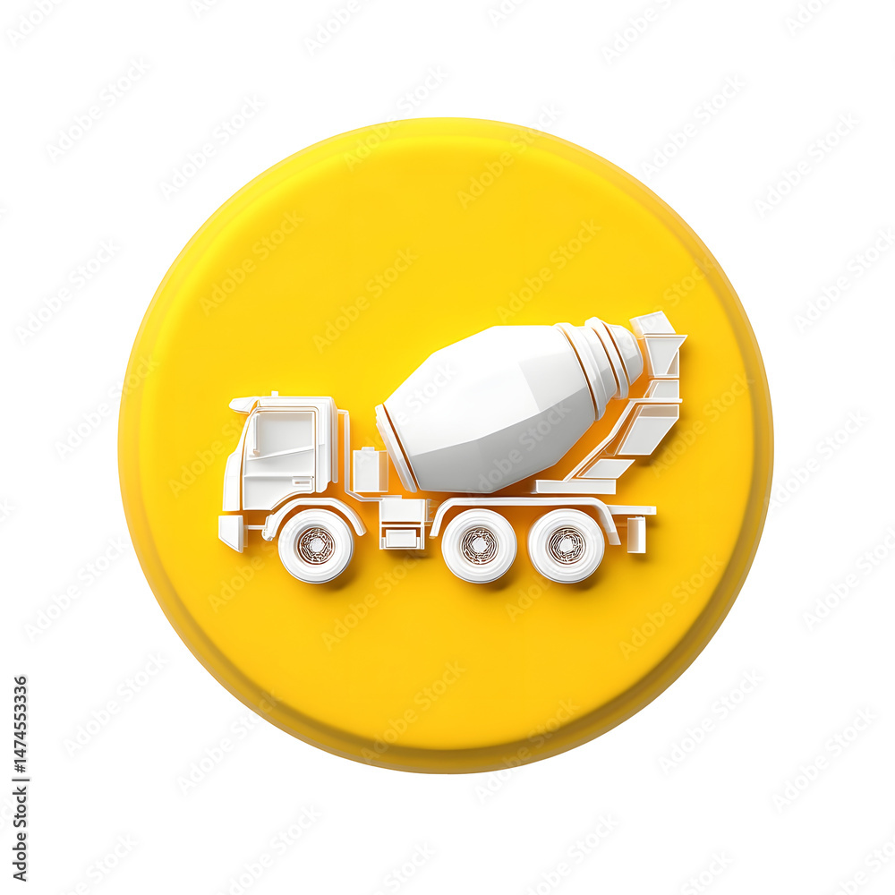 Poster a minimalist 3d circular icon depicting a white cement mixer truck on a bright yellow background cre