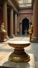 Ornate pedestal in sunlit classical museum hall with sculptures.