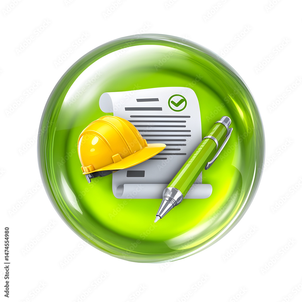 Aufkleber a 3d depicting a green transparent bubble containing a white icon representing a construction contra