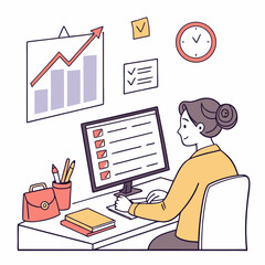 Businesswoman working on computer at desk with graphs and schedules achieving success in a modern office environment