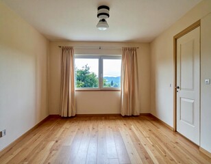Bright and Empty Room with Wooden Floor and Large Window View