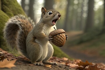 3D Realistic Surprised Squirrel Holding Acorn CGI Render