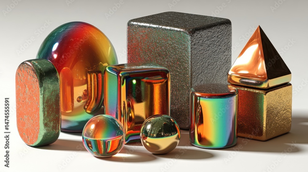 Aufkleber chrome shapes set with retro gradient colors 3d rendering isolated on white,stock photo