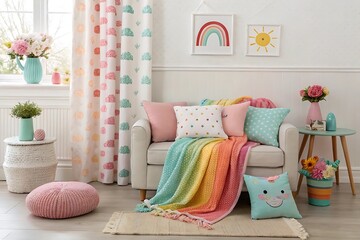 Pastel Rainbow Childrens Room Decor with Cozy Sofa and Pillows, AI generated