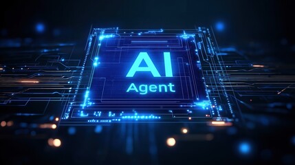 3D illustration of a glowing holographic interface displaying "AI agent" text in vibrant blue tones, floating above a futuristic digital background with circular patterns and dynamic motion lines. Abs