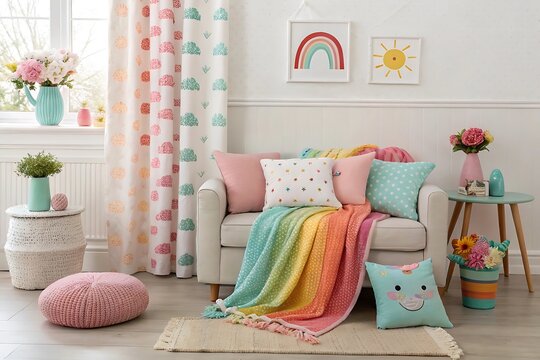 Pastel Rainbow Childrens Room Decor with Cozy Sofa and Pillows, AI generated