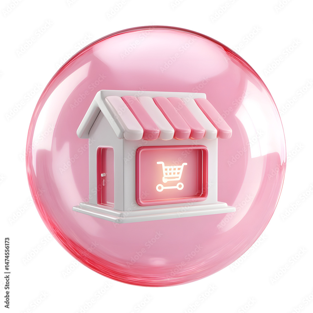 Aufkleber a vibrant pink bubble encapsulating a glowing white icon of a simple modern retail store with a clea