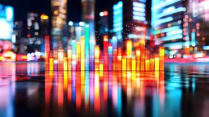 Fototapeta premium Vibrant city skyline reflected in wet street, depicted with colorful, dynamic audio equalizer bars