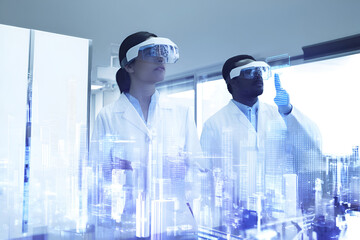 Two researchers in lab coats exploring future city simulations with AR glasses