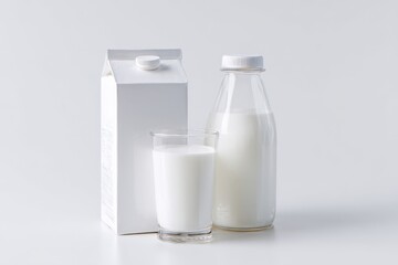 Glass and bottle of milk next to a carton.
