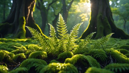 Fototapeta premium Fern Growing in Forest with Sunlight Streaming Through the Trees