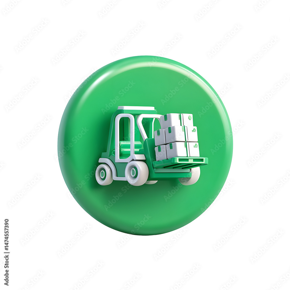 Poster A green 3D circular icon depicting a forklift truck transporting stacked packages representing the efficiency and technology of modern logistics and distribution