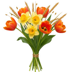 Bouquet of tulips and daffodils tied with twine, accompanied by wheat on a transparent background