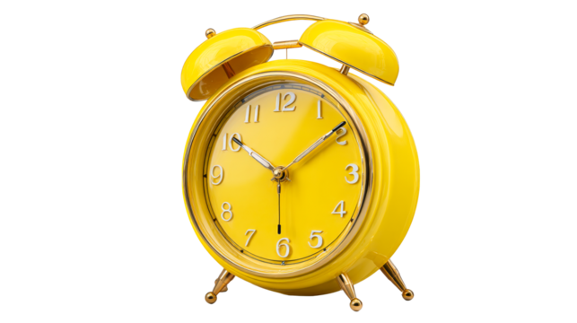 Bright yellow alarm clock with a retro design and rounded shape