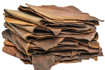 Stack of aged, brown leather hides
