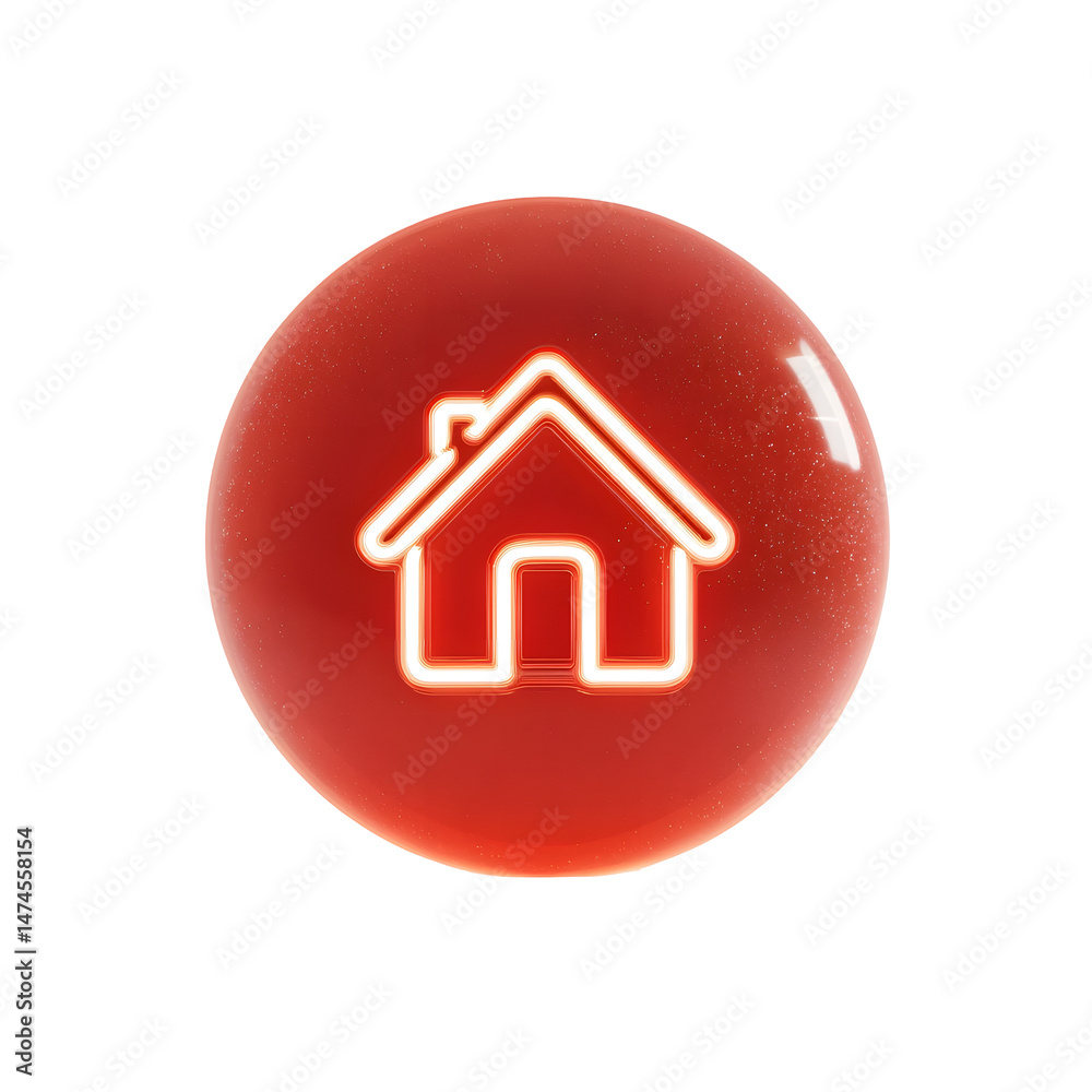 Poster a bright red circular bubble with a glowing white icon of a home or house representing the concept o