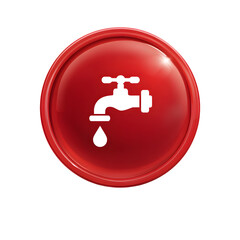 Obraz premium Glossy red circular button featuring a simple white water faucet and drop icon representing plumbing water supply and utility services