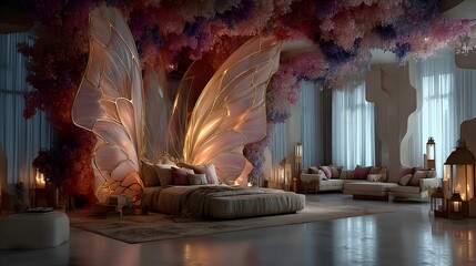 An Ethereal Interior Sleeping Space Showcasing a Detailed Butterfly-Inspired Bed with Shimmering Silk and Soft Pastel Illumination from a Top View