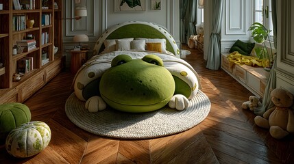 Lively Top-View Bedroom Showcasing a Creatively Designed Frog-Shaped Bed with Plush Texture and Playful, Inviting Details Illuminated by Natural Daylight