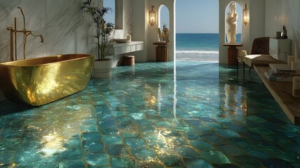 Modern Photorealistic Bathroom Sanctuary with Dynamic Epoxy Fish Scale Floor, Gleaming Marble Walls, and Chic Minimalist Gold Accents That Spark Reflective Light Play