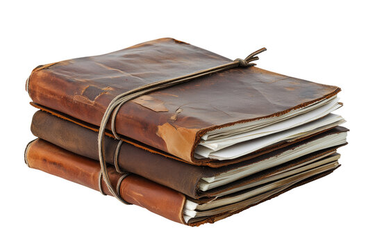 Stack of three aged leather-bound journals tied with twine - Powered by Adobe