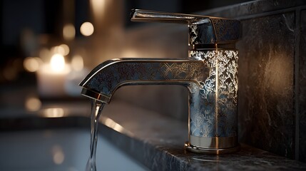 Exquisite Modern Close-Up of a Glass Faucet Featuring Intricate Coral-Fish Patterns in a Stylish Bathroom Interior